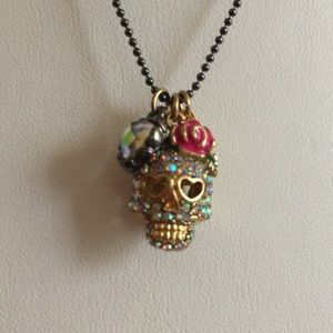Betsey Johnson Crystal Rose Skull Pendant Necklace